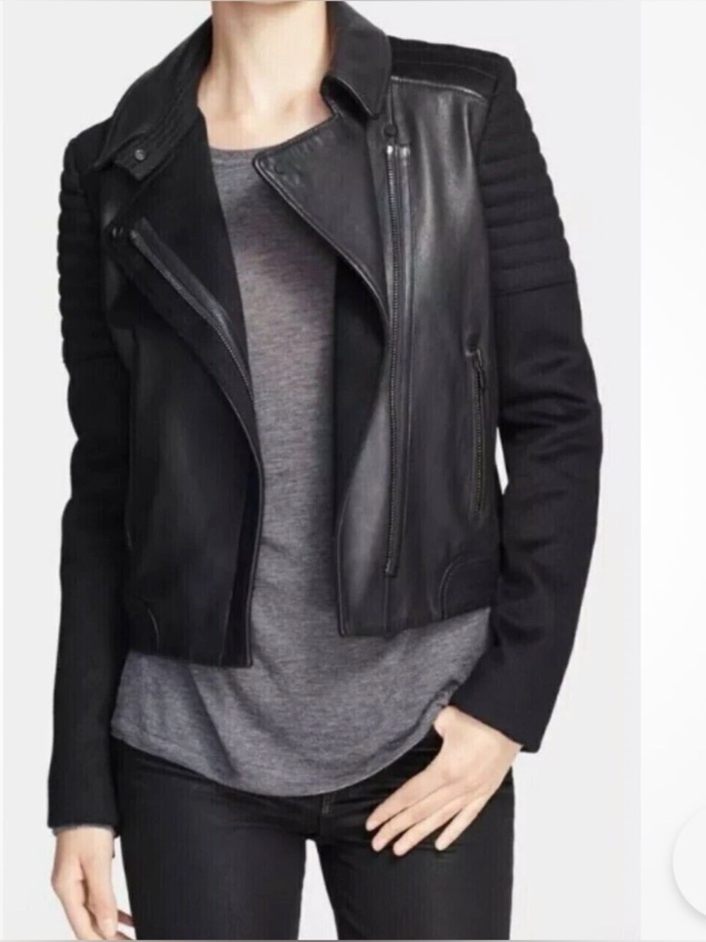 Vince Black Mixed-Media Genuine Leather Jacket